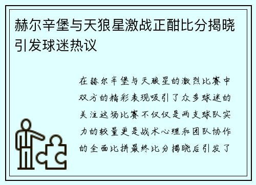 赫尔辛堡与天狼星激战正酣比分揭晓引发球迷热议