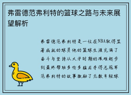 弗雷德范弗利特的篮球之路与未来展望解析